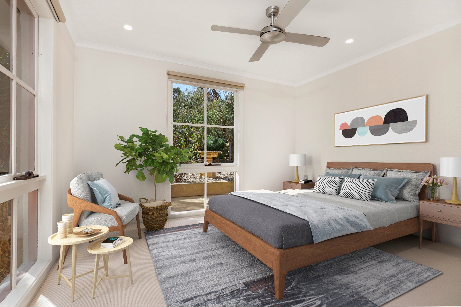 Bright bedroom with a wooden bed, gray bedding, window seat, potted plant, and abstract wall art