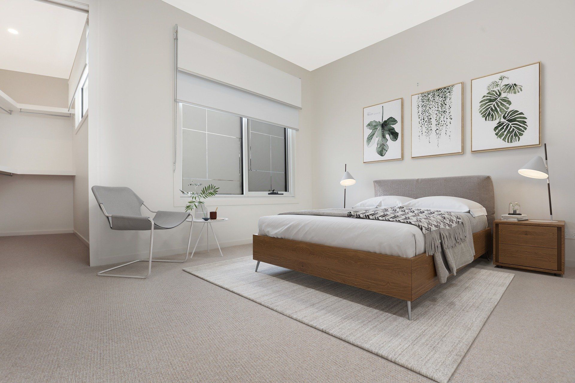 Minimalist bedroom with a wooden bed, gray chair, wall art, and large window in neutral tones