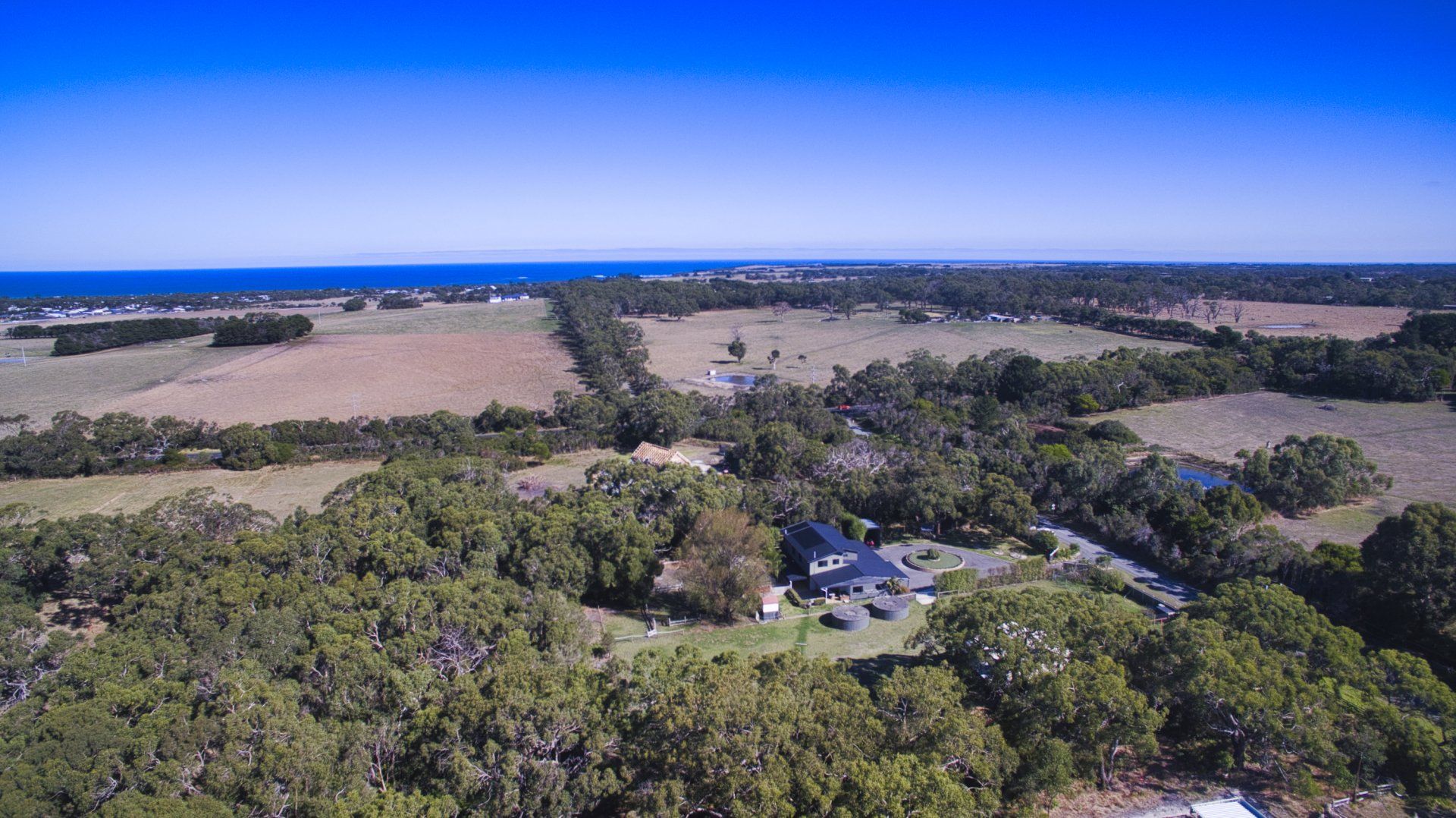 Aerial view of rural fields and trees with a few houses near the coast and ocean horizon.
