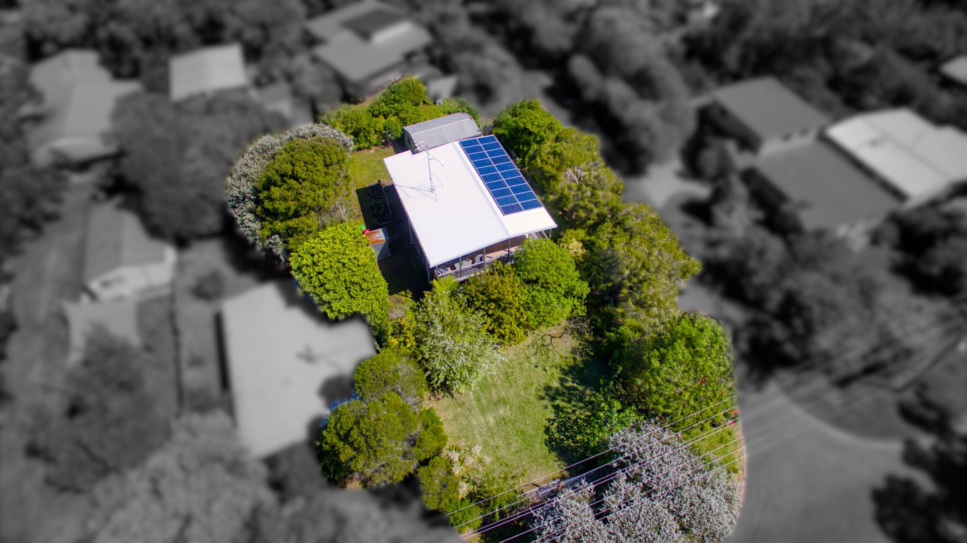 Aerial view of a house with solar panels on the roof, surrounded by trees and a blurred grayscale neighborhood.
