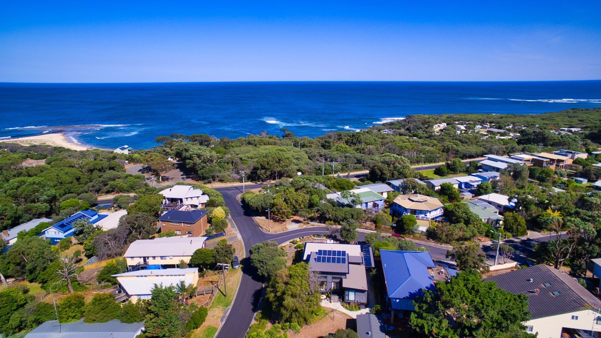 Aerial view of a coastal neighborhood with houses, trees, and a blue ocean horizon