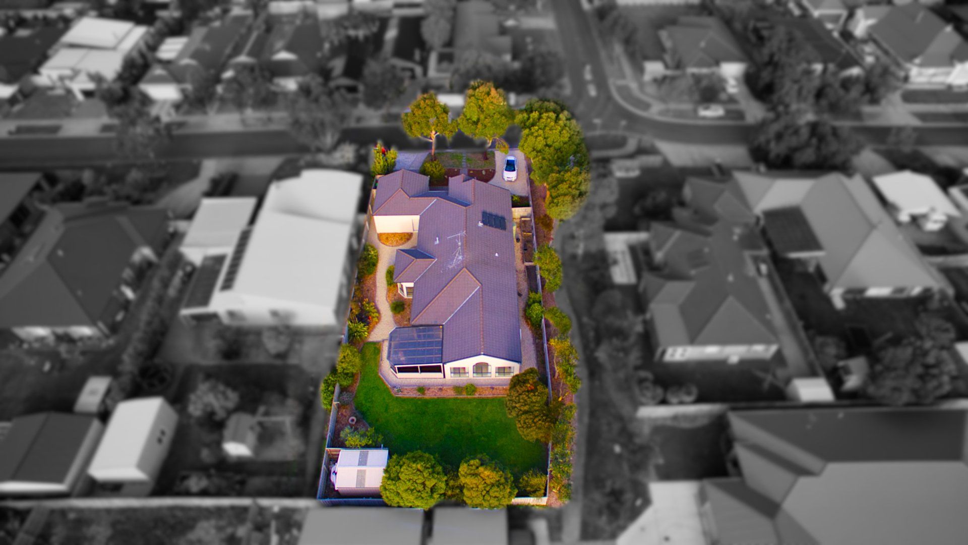 Aerial view of a house outlined in purple, with the surrounding neighborhood in grayscale and trees highlighted in green.