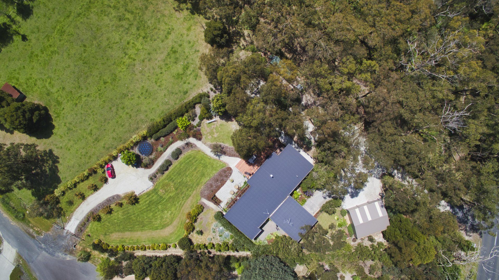 Aerial view of a house with a curved driveway, surrounded by green lawns and dense trees