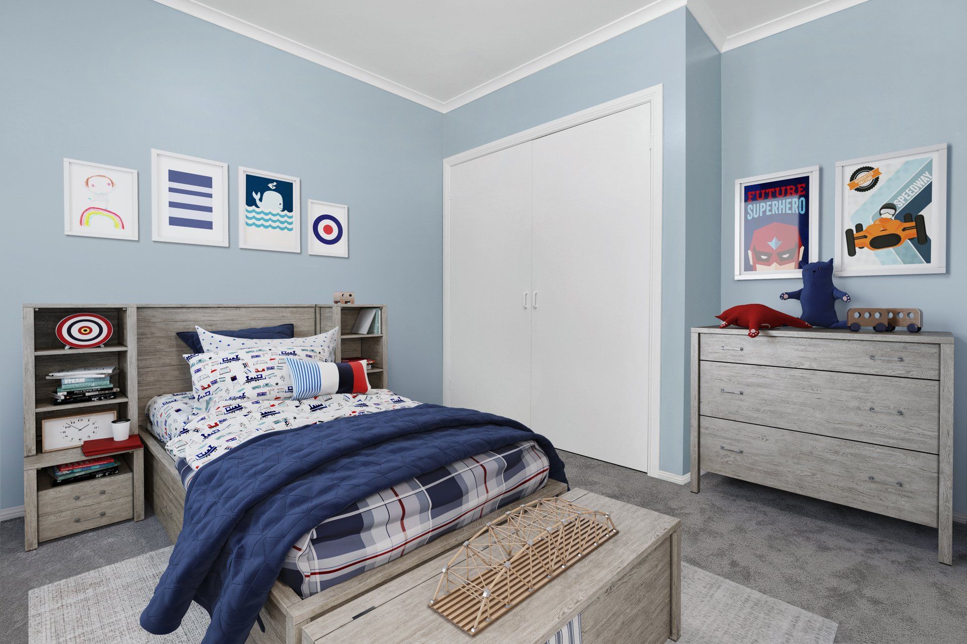Blue bedroom with twin bed, dresser, and sports-themed wall art