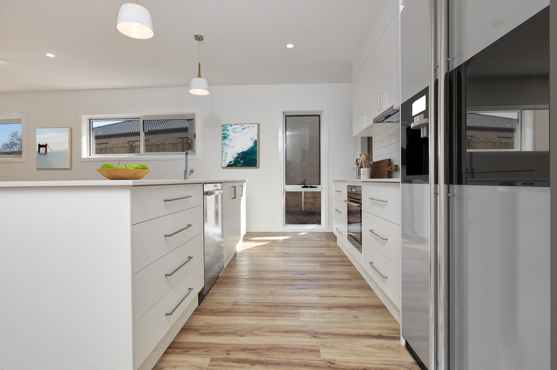 Modern white kitchen with island, wood floor, pendant lights, and stainless steel appliances