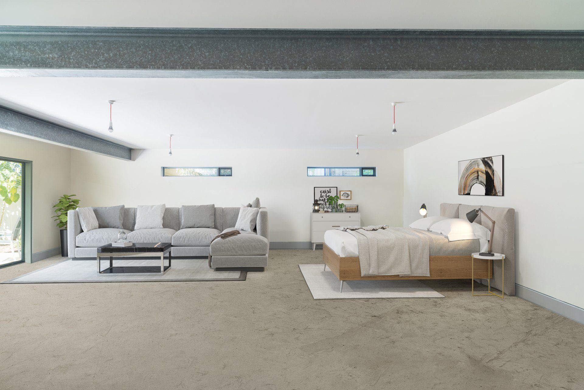 Modern minimalist bedroom with a bed, gray sofa, large windows, and neutral decor