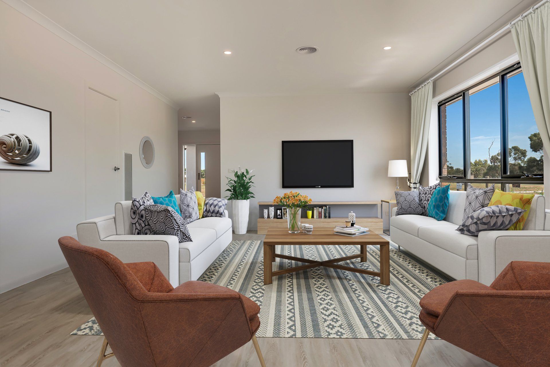 Modern living room with white sofas, tan chairs, coffee table, wall-mounted TV, and large window.