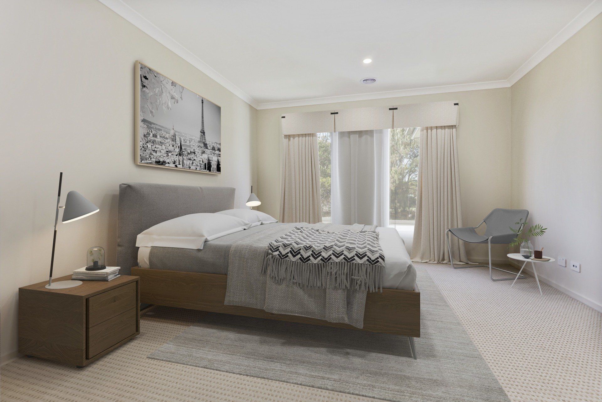 Bright modern bedroom with a bed, bedside table, chair, and large windows with curtains