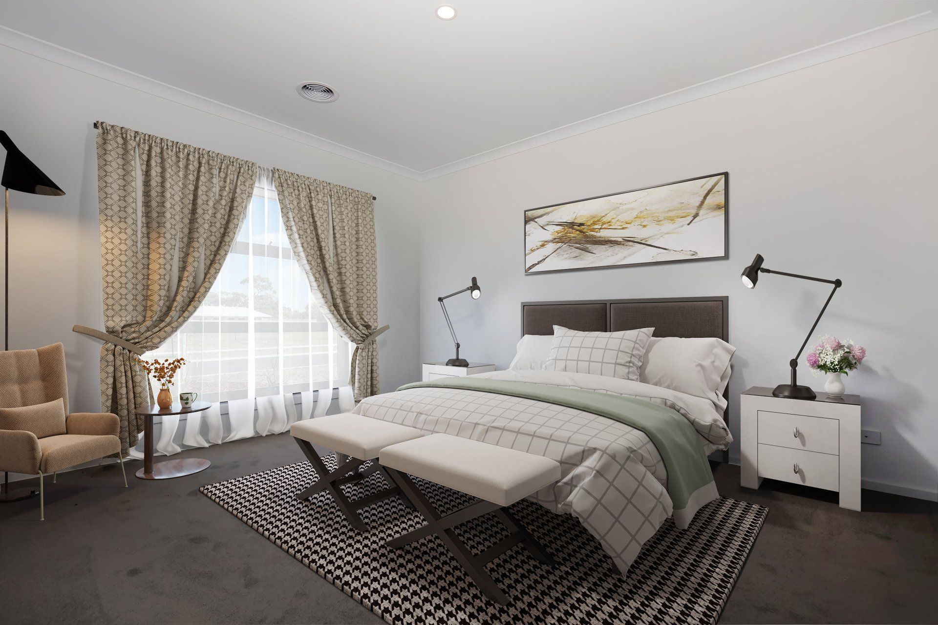 Bright bedroom with a bed, patterned rug, white nightstands, and large curtained window
