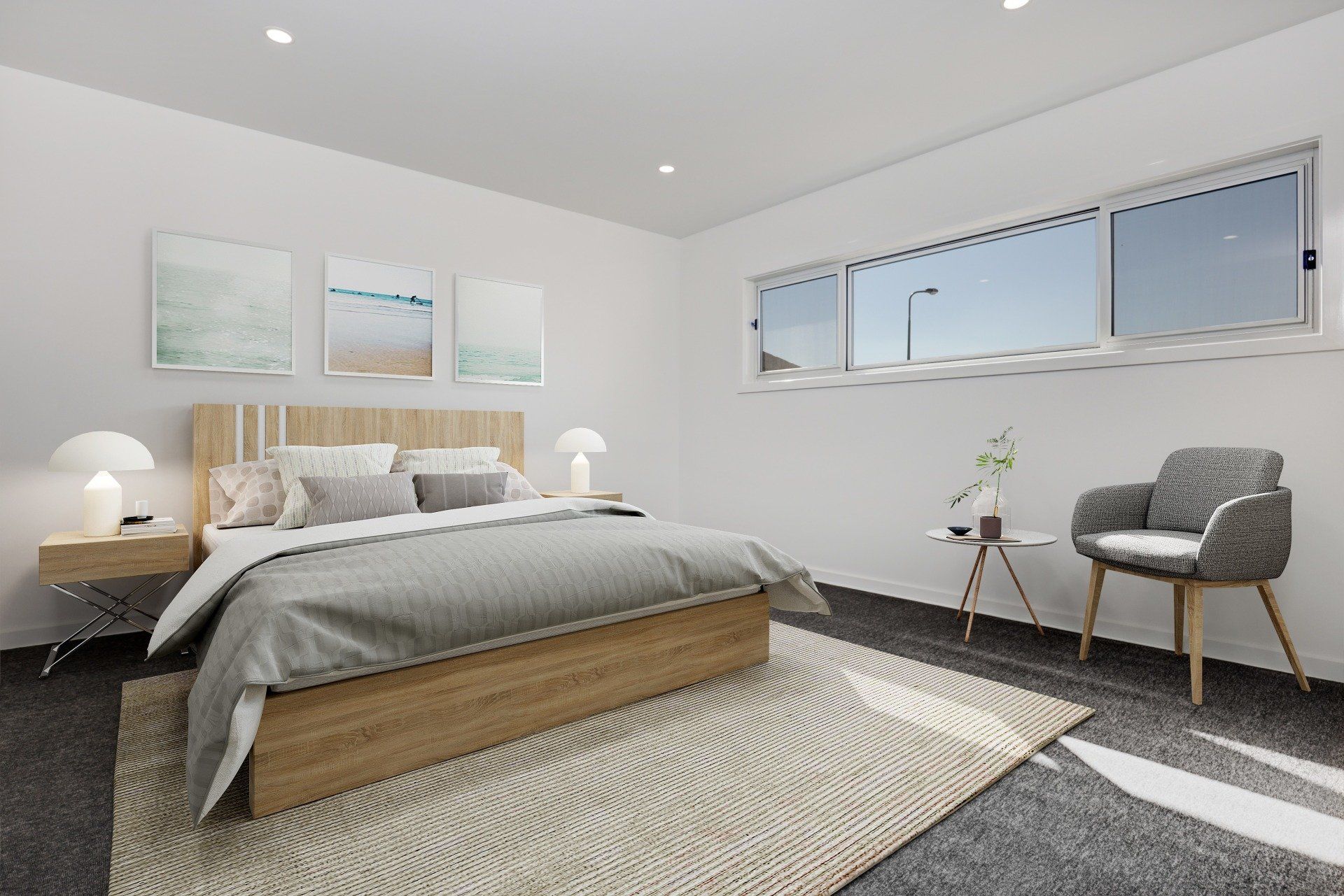 Bright, modern bedroom with a bed, bedside lamps, wall art, and a chair by the window.