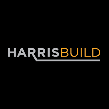 HARRISBUILD logo in gray and orange on a black background