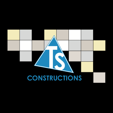 TS Constructions logo with blue triangle, white letters, and gray-yellow mosaic squares on black background