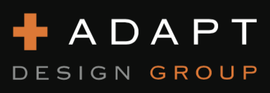ADAPT Design Group logo with orange plus symbol and white and orange text on a black background