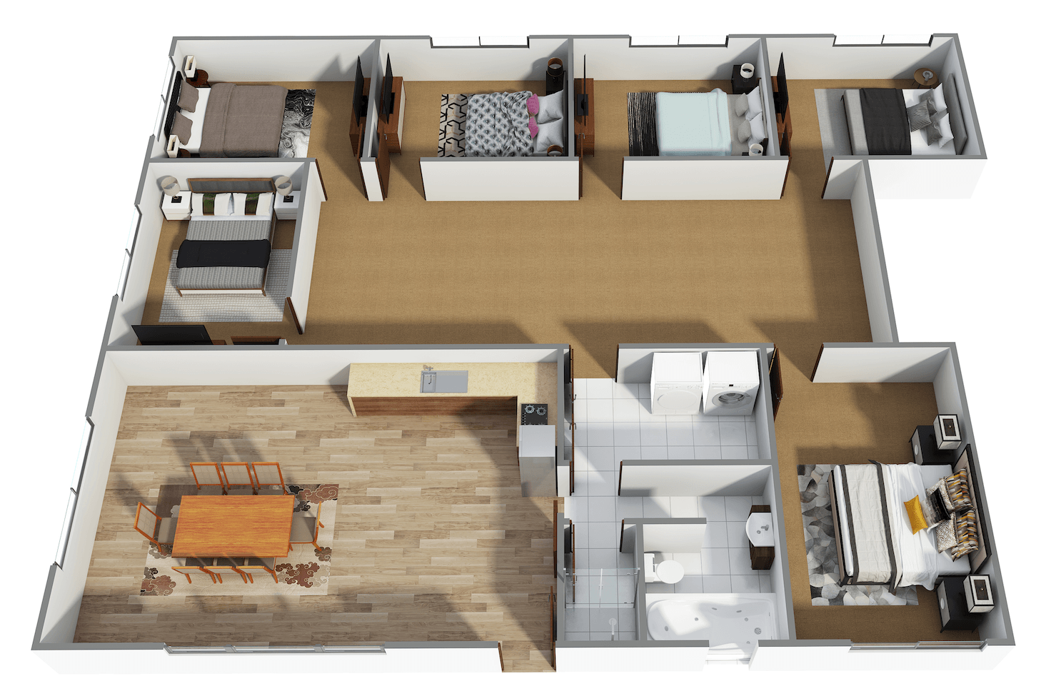 3D floor plan of a small apartment with kitchen, bedroom, bathroom, living room, and dining area