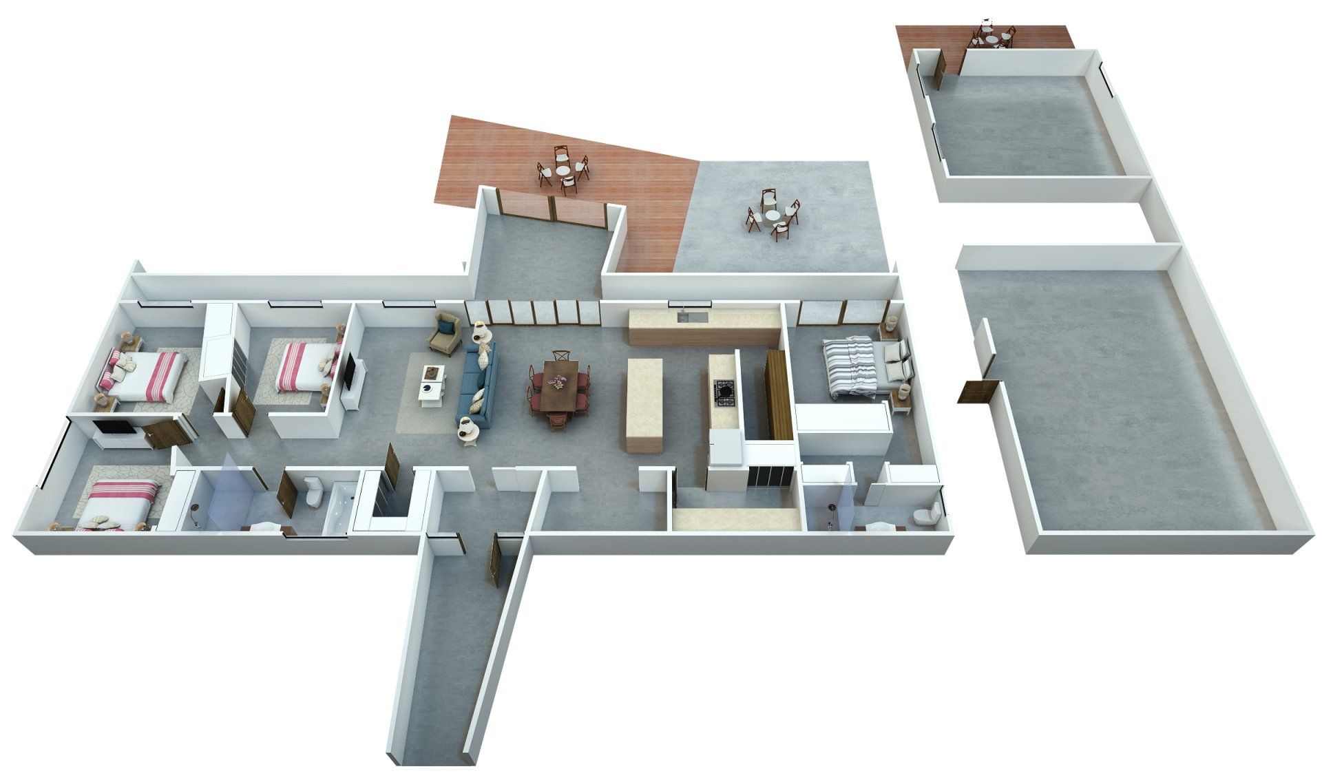 3D floor plan of a modern house interior with rooms, balcony, and a garage-like annex