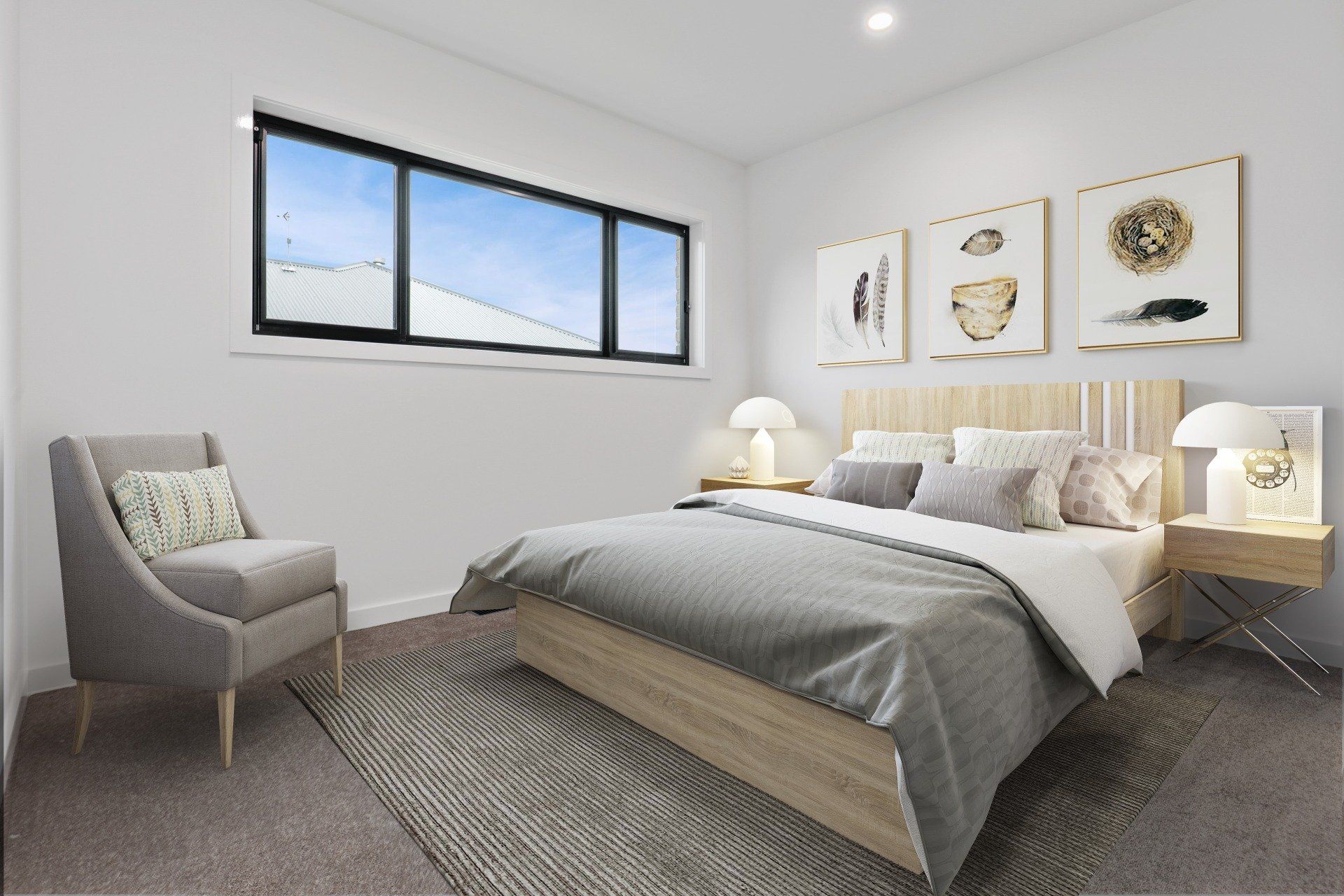 Modern bedroom with gray bed, chair, large window, and minimalist wall art