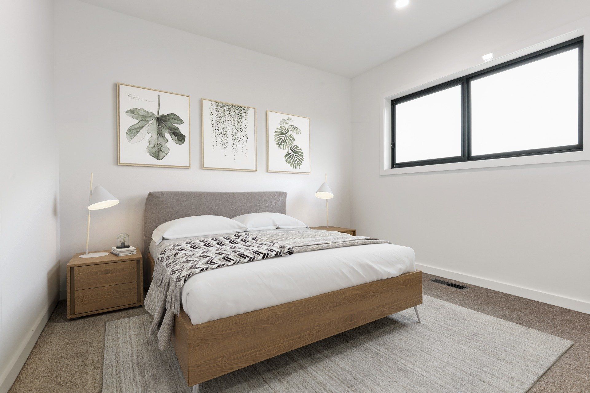 Bright minimalist bedroom with a wooden bed, bedside lamps, framed art, and a large window