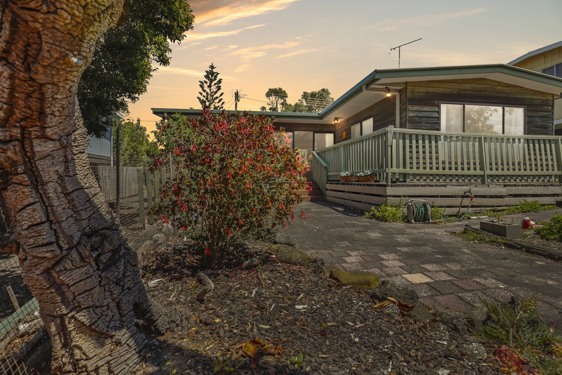 Front yard with stone path, red shrub, and a house porch at sunset