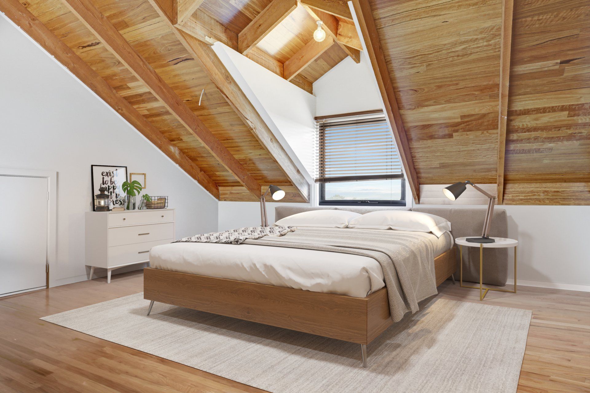 Bright attic bedroom with wooden slanted ceiling, beige bed, white dresser, and skylight windows