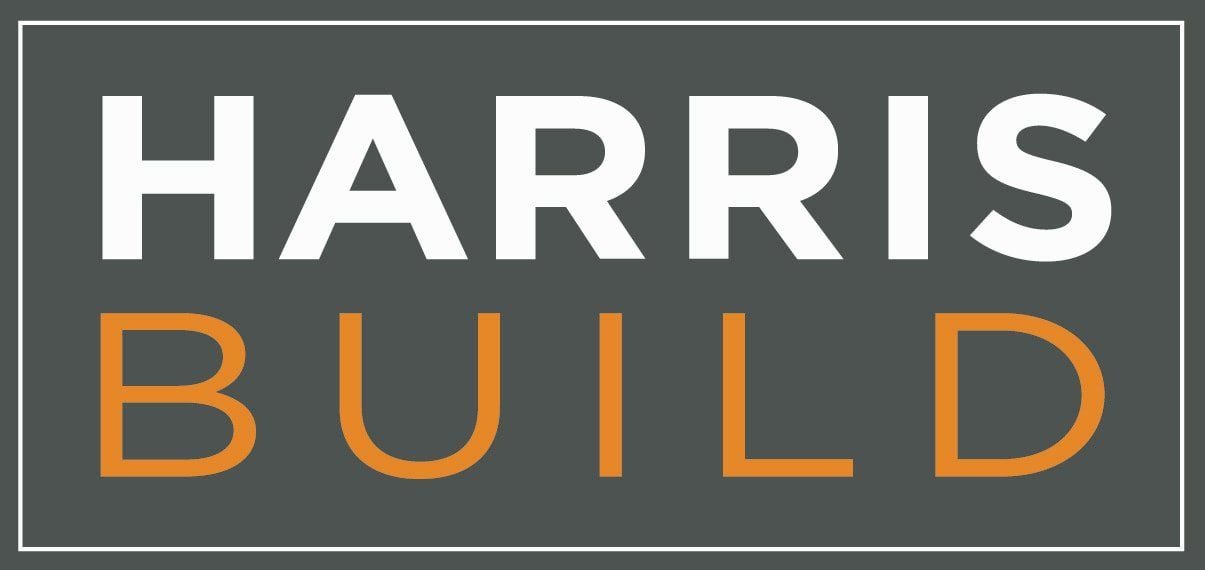 HARRIS BUILD logo in white and orange on a dark gray background