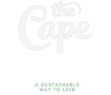 White logo reading “the Cape” with green tagline “A sustainable way to live”