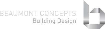 Beaumont Concepts Building Design logo with gray text and geometric gray icon on white background