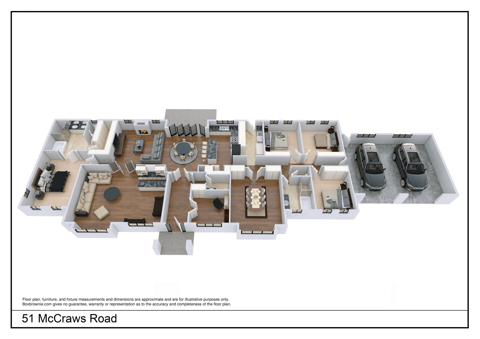 3D floor plan of a house interior with multiple rooms and a garage, shown from above