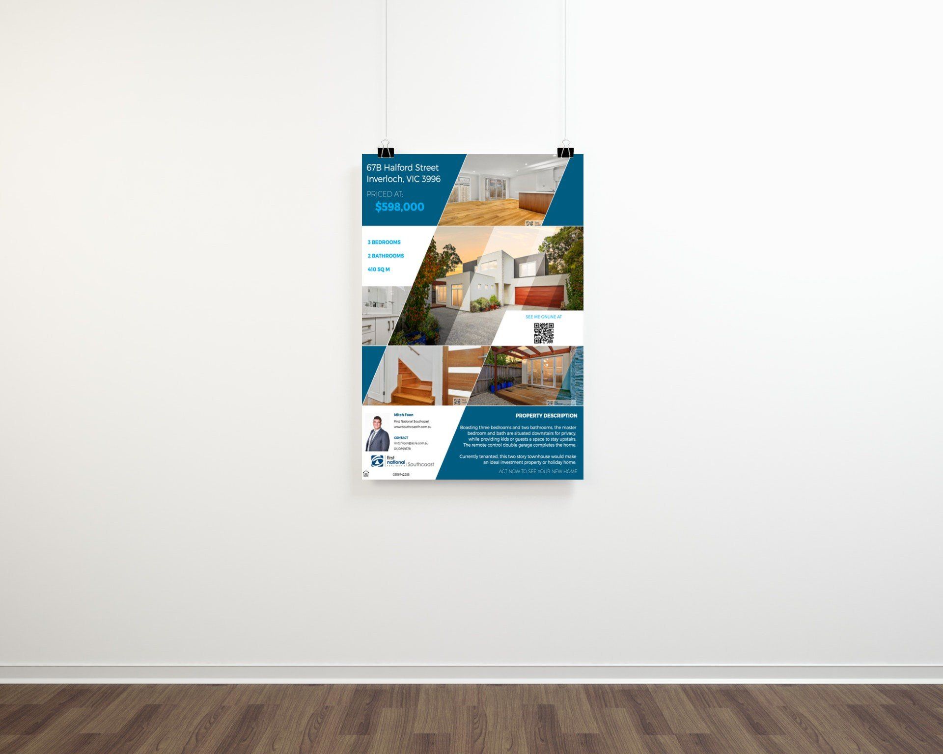 Blue and white real estate brochure on a wall with home and interior photos.
