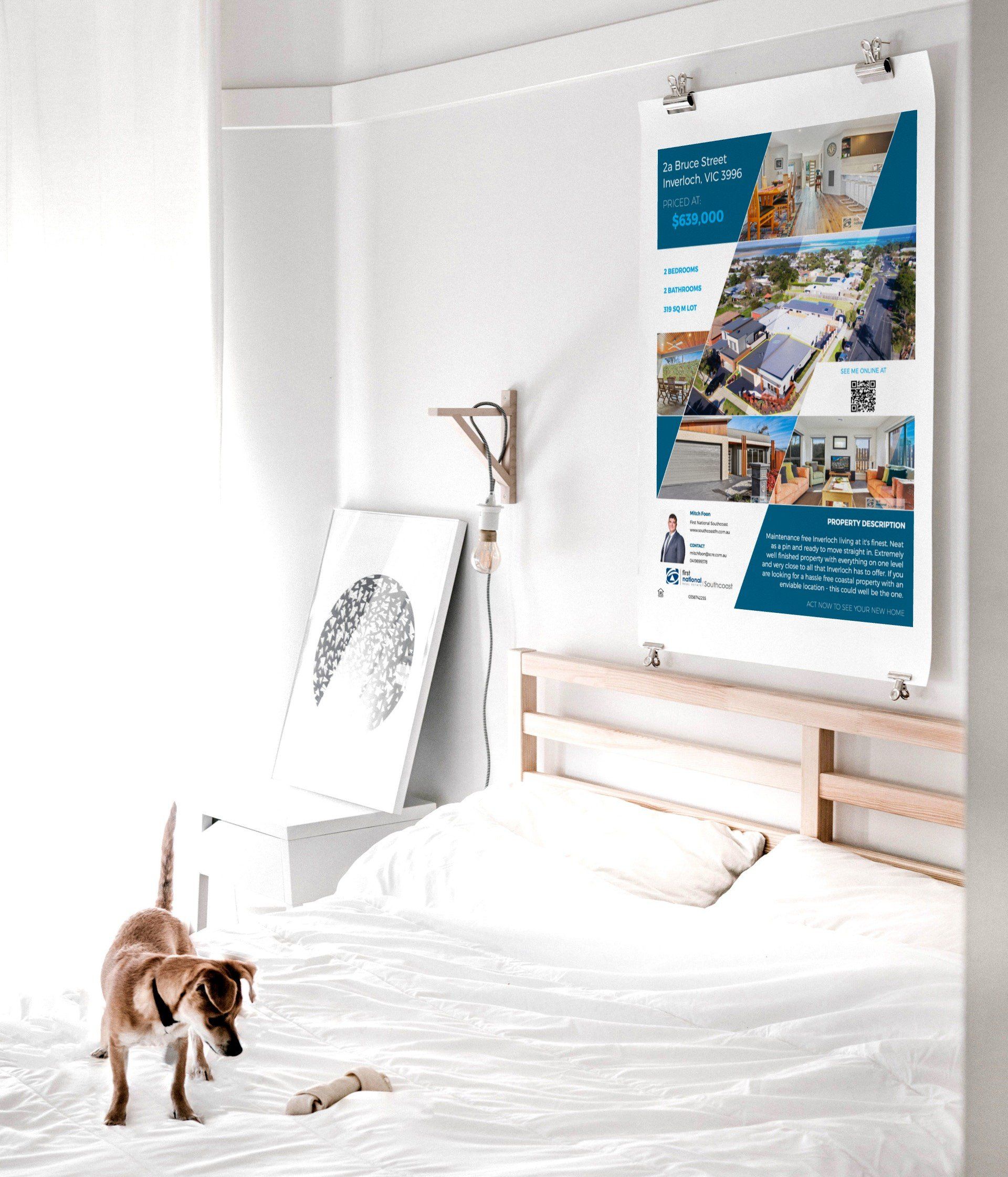 Cat walking on a white bed in a bright room with posters on the wall