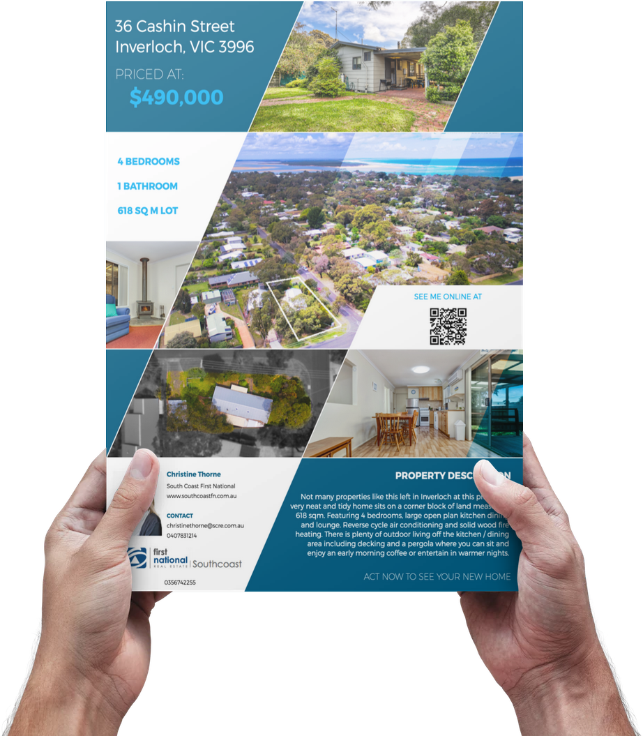 Hands holding a real estate flyer with house photos, blue accents, and a price listing.