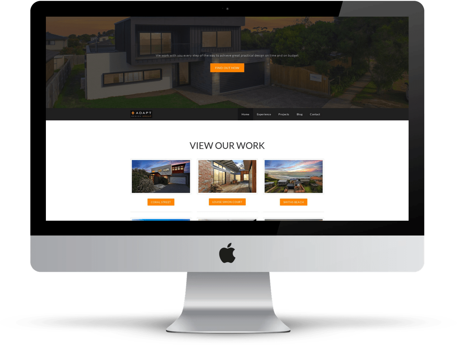 Apple iMac displaying a website mockup with a dark hero banner and three video thumbnails below