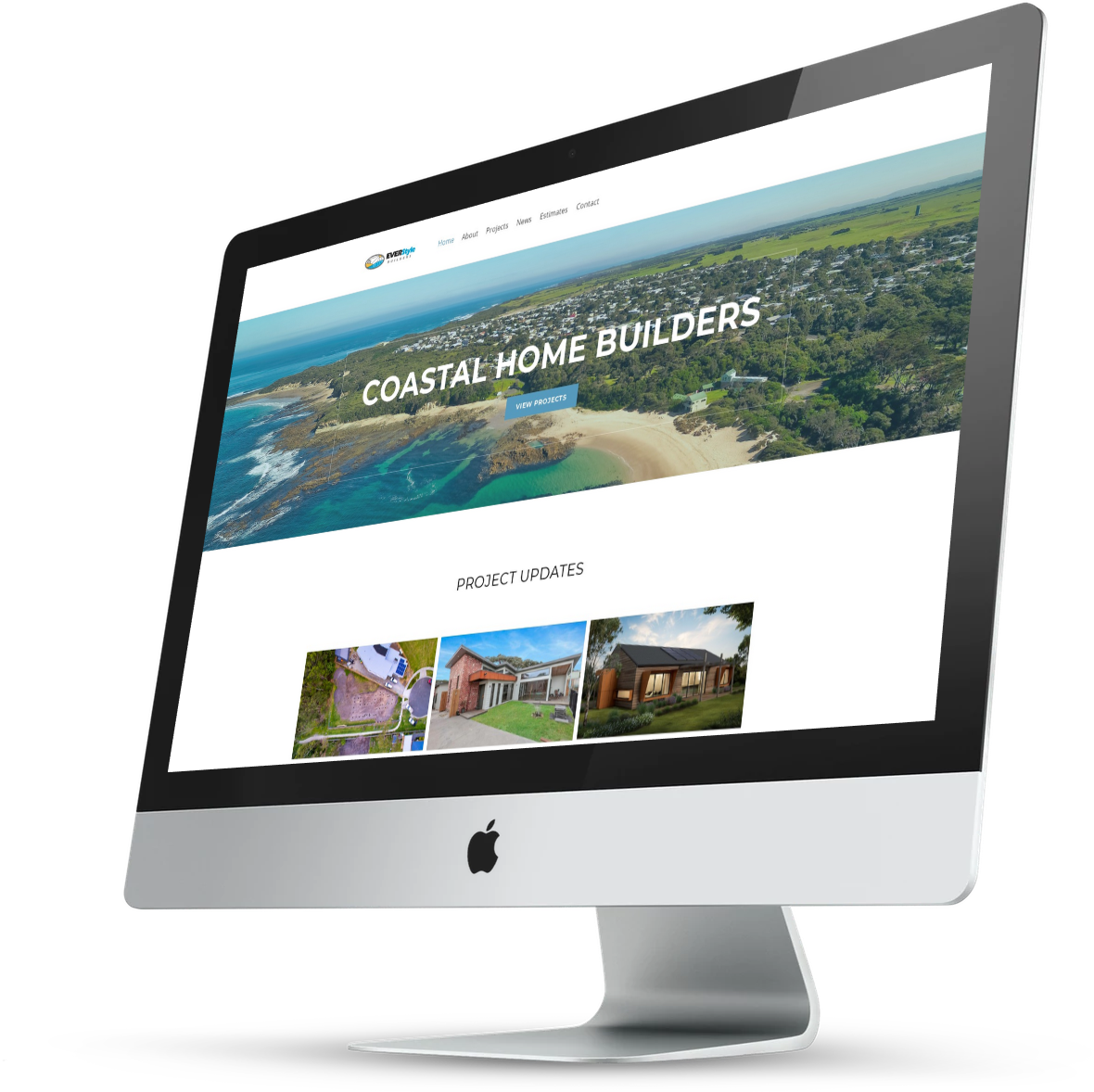 Desktop computer displaying a Coastal Home Builders website with aerial coastal header and house thumbnails