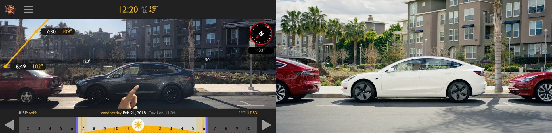 A white Tesla car parks between two other cars on a street in front of a building.