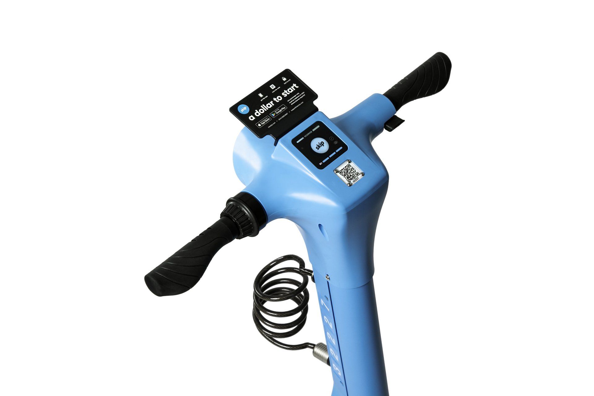 Blue electric scooter handlebar with display, lock, and black grips.