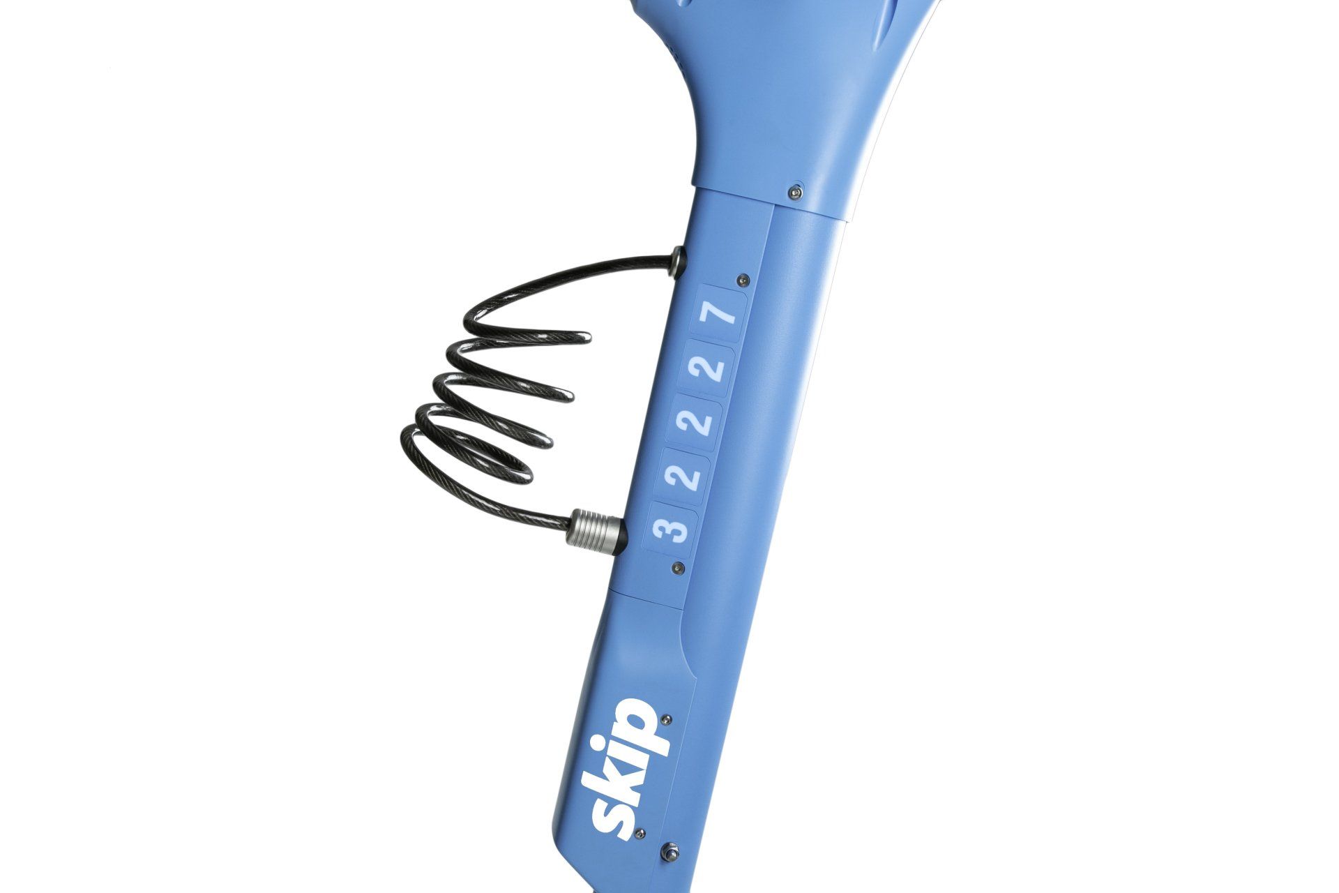 Blue Skip scooter handle with numbered settings and coiled cord.