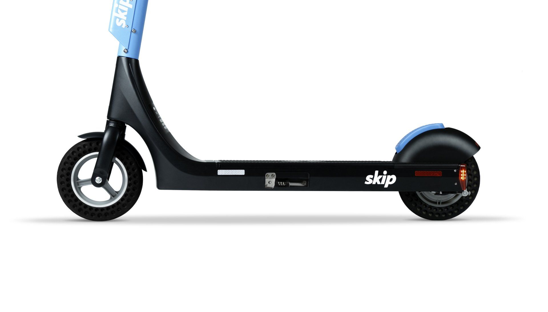 Side view of a blue and black Skip electric scooter on a white background.