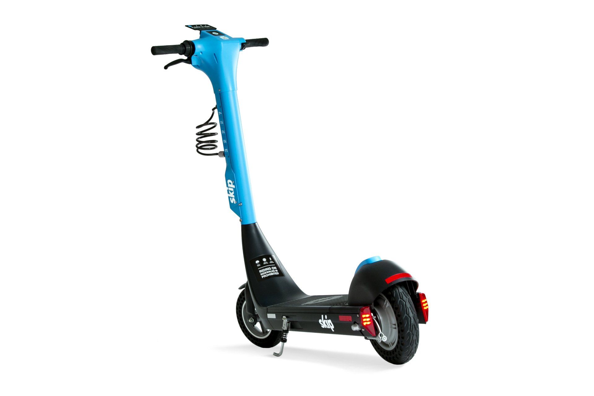 Blue electric scooter on white background.