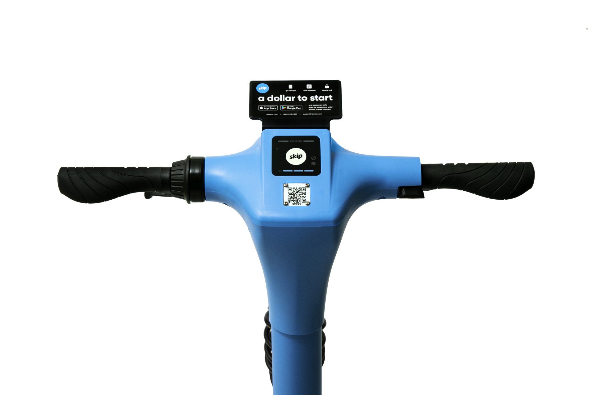 Blue electric scooter handlebar with display screen and QR code.