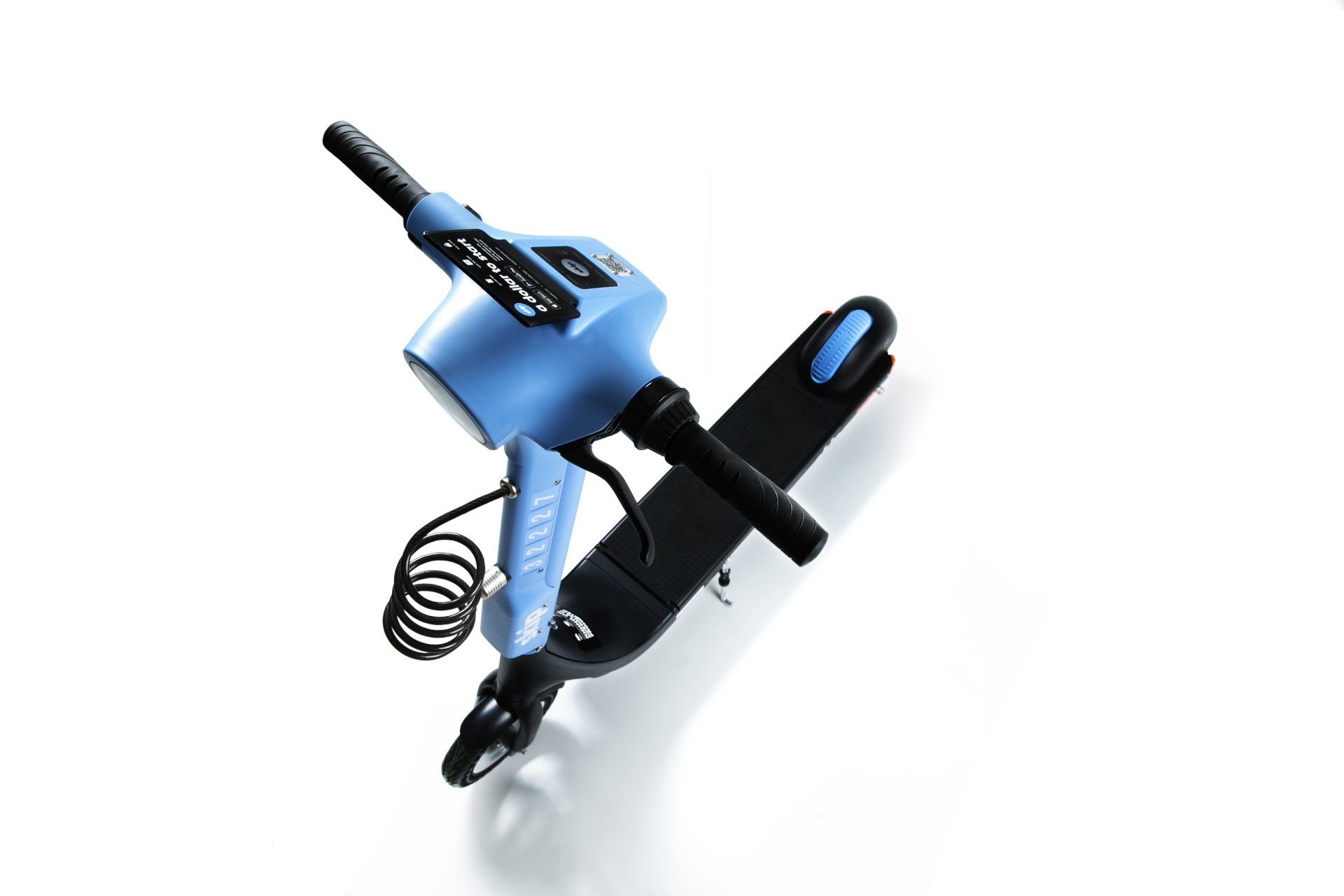 Blue electric scooter on white background.