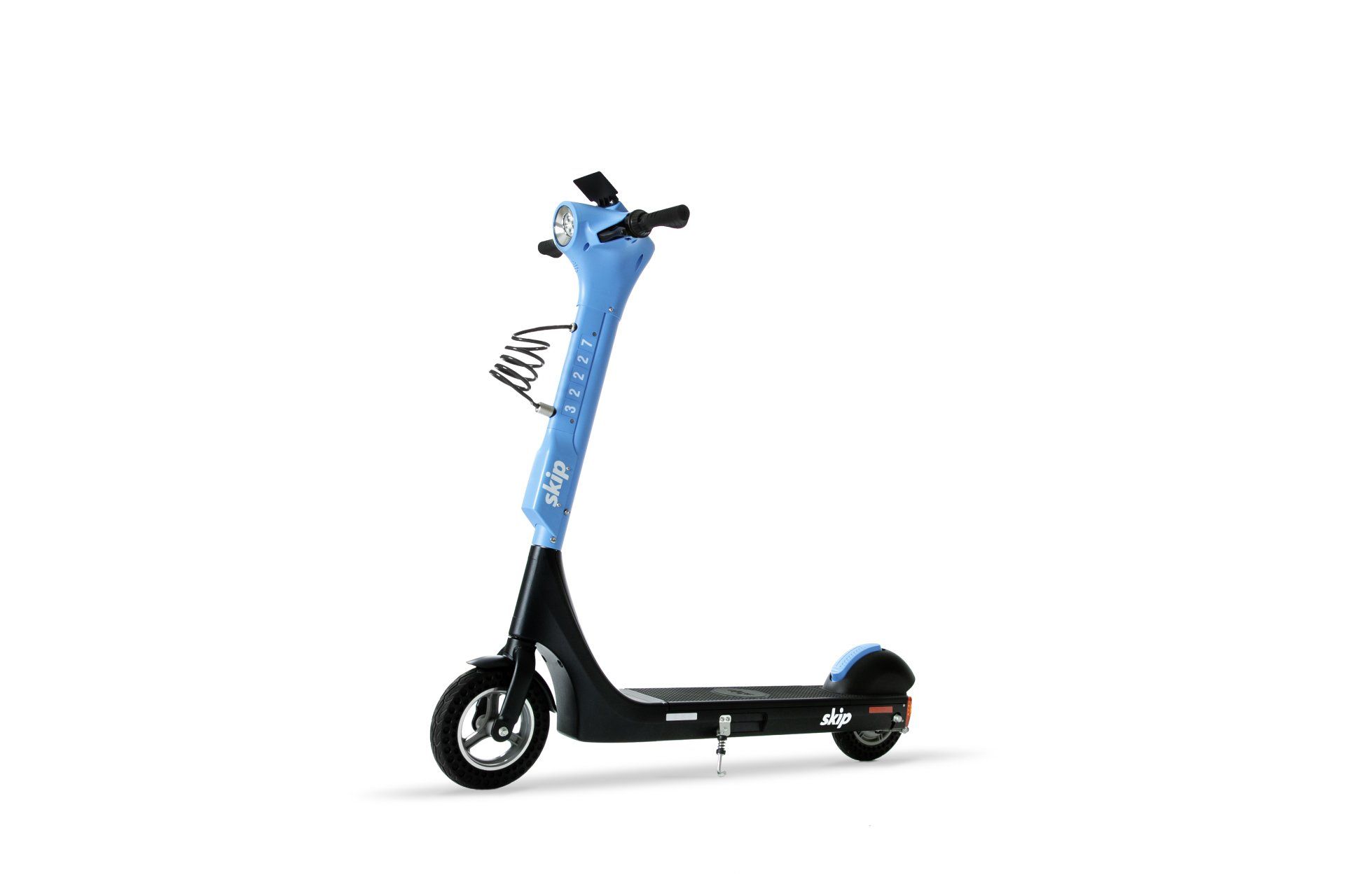 Blue and black electric scooter on a white background.