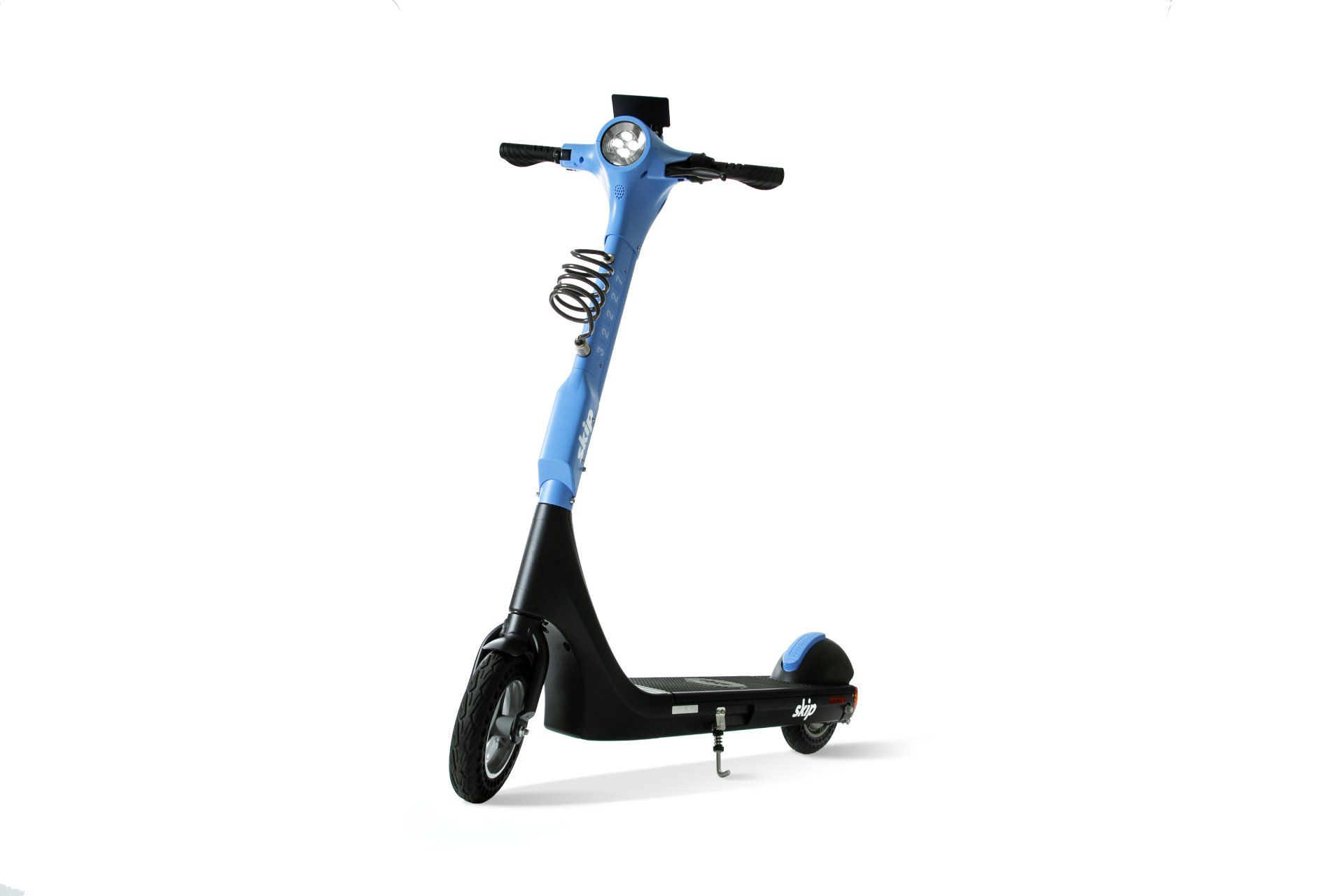 Blue and black electric scooter on a white background.