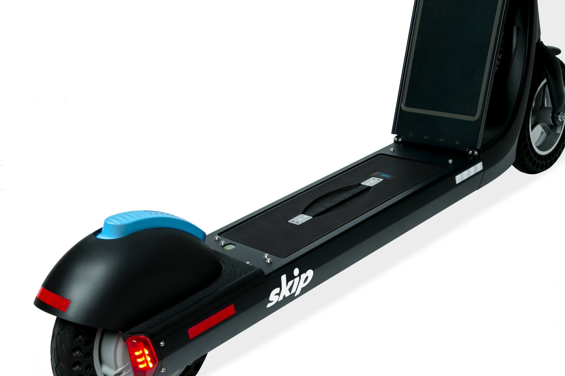 Black Skip electric scooter, angled view, on a white background.