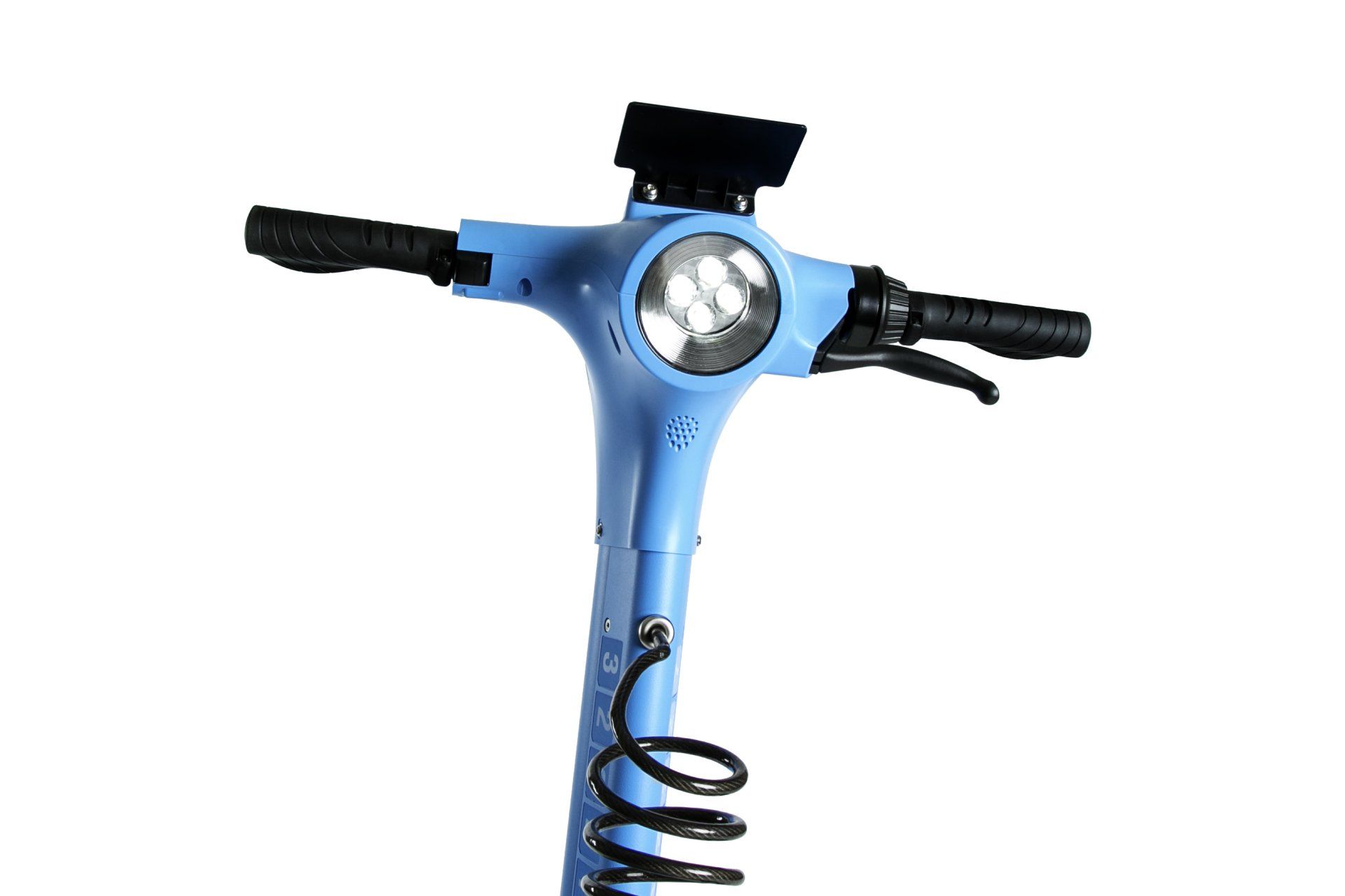 Blue electric scooter handlebar with display screen and headlight.