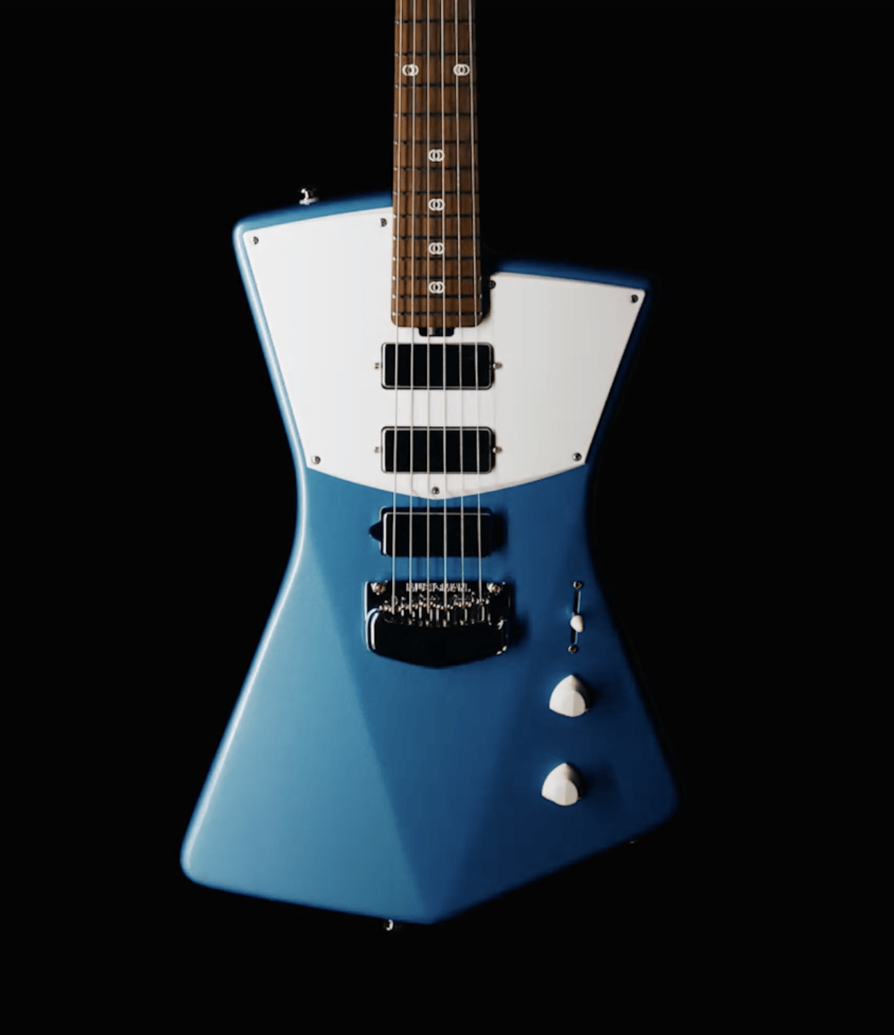 Blue and white electric guitar with three black pickups against a black background.