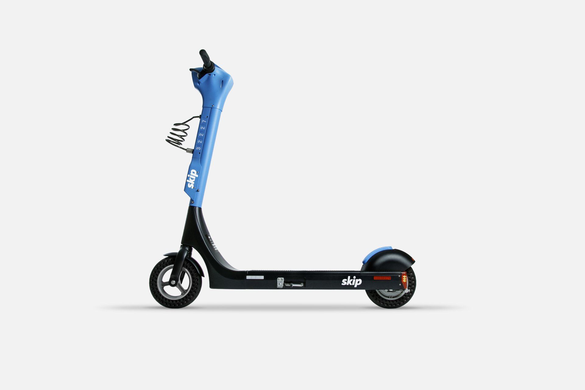 Blue and black electric scooter on a white background.
