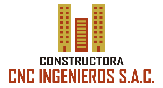 Logotipo para CNC Ingenieros SAC, empresa constructora, que presenta tres edificios estilizados en dorado y rojo.