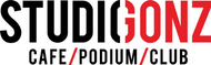Het STUDIGONZ-logo in zwart en rood met daaronder “CAFE / PODIUM / CLUB”.