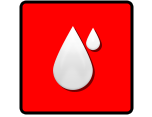 Two white water drops on a red square with a black border.