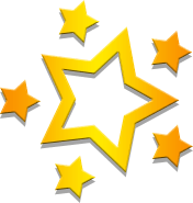 Gold starburst with one large open star and several smaller stars.