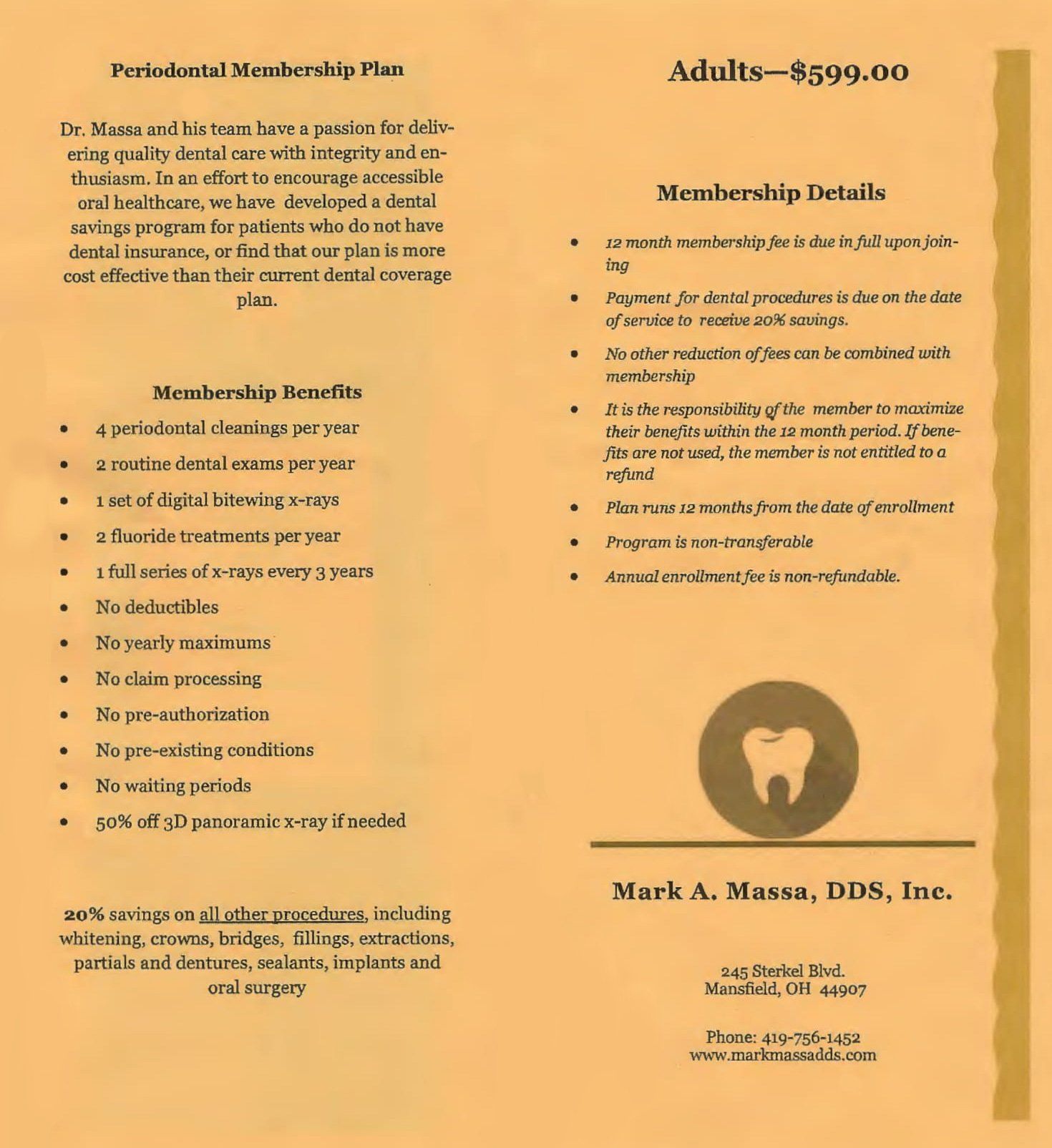 Dental membership plan brochure. Text details plan benefits and costs for adults. Logo features tooth icon.